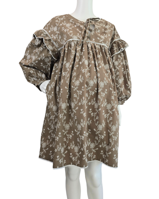 Vintage Floral Print Mini Dress with Lace Trim and Neck Ties- Mocha