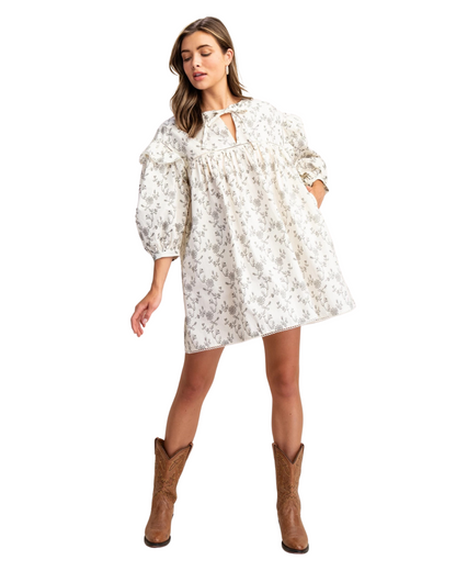 Vintage Floral Print Mini Dress with Lace Trim and Neck Ties- Ivory Vintage Floral Print Mini Dress with Lace Trim and Neck Ties- Ivory