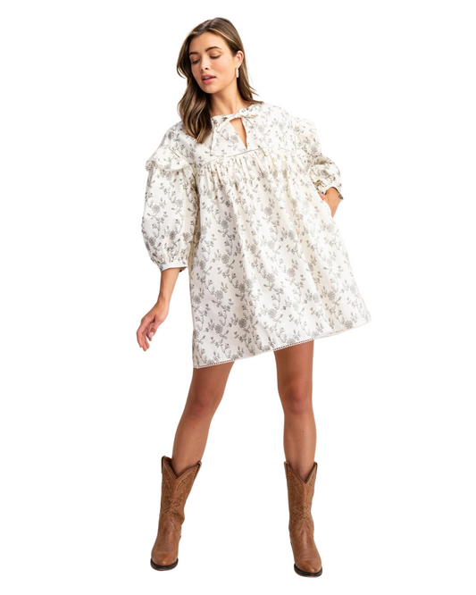 Vintage Floral Print Mini Dress with Lace Trim and Neck Ties- Ivory