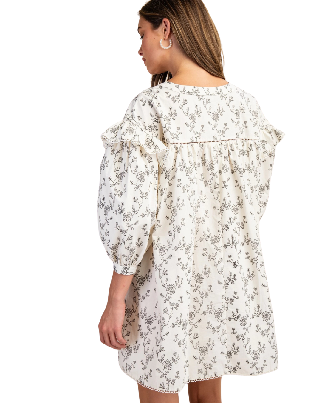 Bump-Friendly Vintage Floral Print Mini Dress with Lace Trim and Neck Ties- Mocha Large / Ivory Bump-Friendly Vintage Floral Print Mini Dress with Lace Trim and Neck Ties- Mocha Large / Ivory