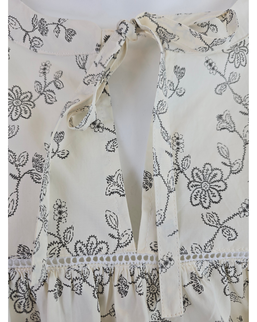 Vintage Floral Print Mini Dress with Lace Trim and Neck Ties- Ivory