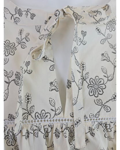 Vintage Floral Print Mini Dress with Lace Trim and Neck Ties- Ivory
