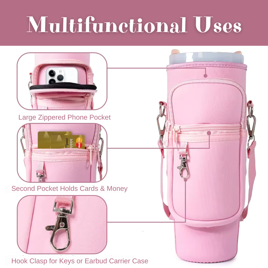 Stanley Cup Holder for Stroller- w/ Large Phone Pocket, Crossbody Strap & Wallet, Fits Most 30/40 Ounce Styles , Water Bottle Holder for Moms, Travelers & Active Lifestyles