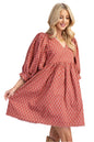 Puff Sleeve Babydoll Dress with Lace Trim- TerraCotta