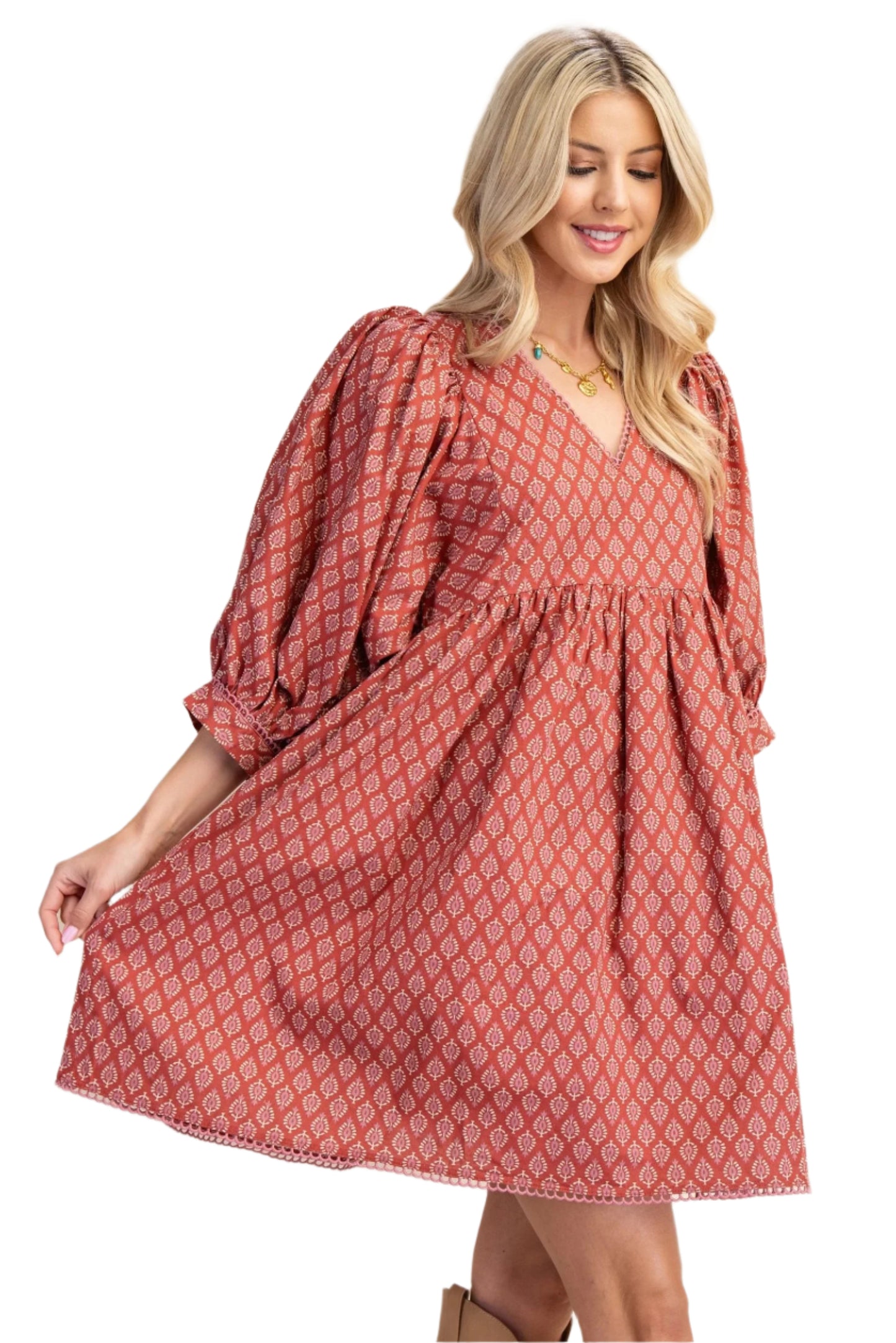 Puff Sleeve Babydoll Dress with Lace Trim- TerraCotta