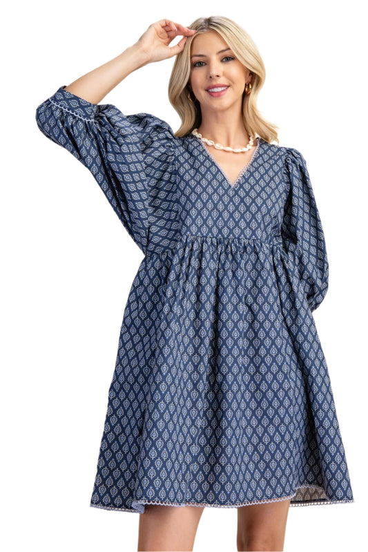 Puff Sleeve Babydoll Dress with Lace Trim- Denim Blue