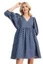 Puff Sleeve Babydoll Dress with Lace Trim- Denim Blue