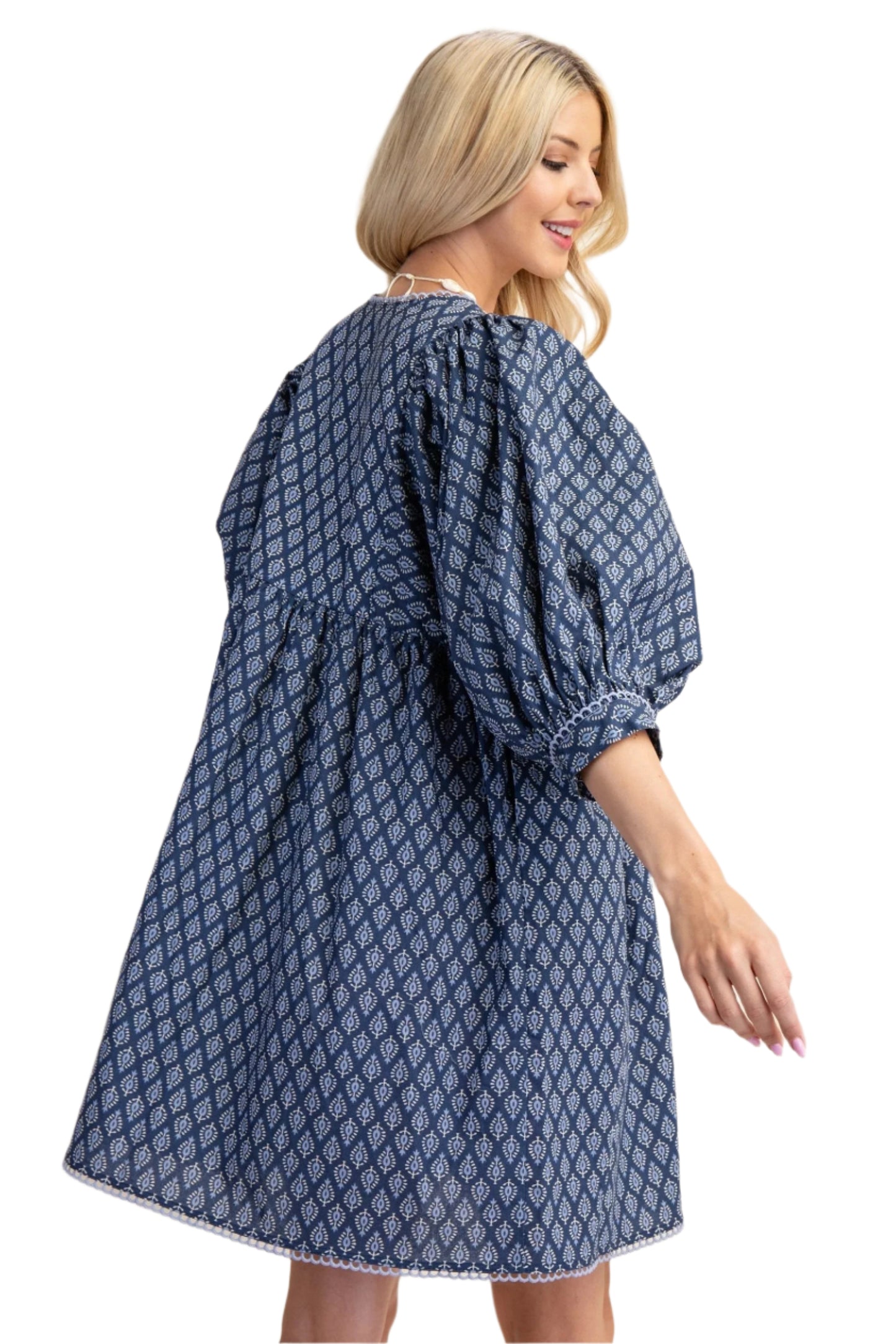 Puff Sleeve Babydoll Dress with Lace Trim- Denim Blue