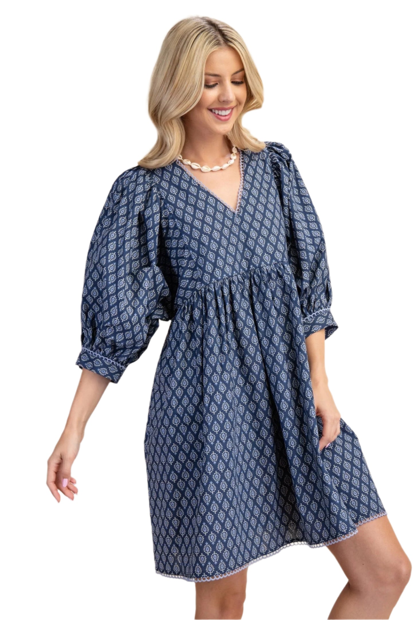 Puff Sleeve Babydoll Dress with Lace Trim- Denim Blue