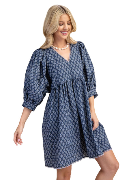 Puff Sleeve Babydoll Dress with Lace Trim- Denim Blue