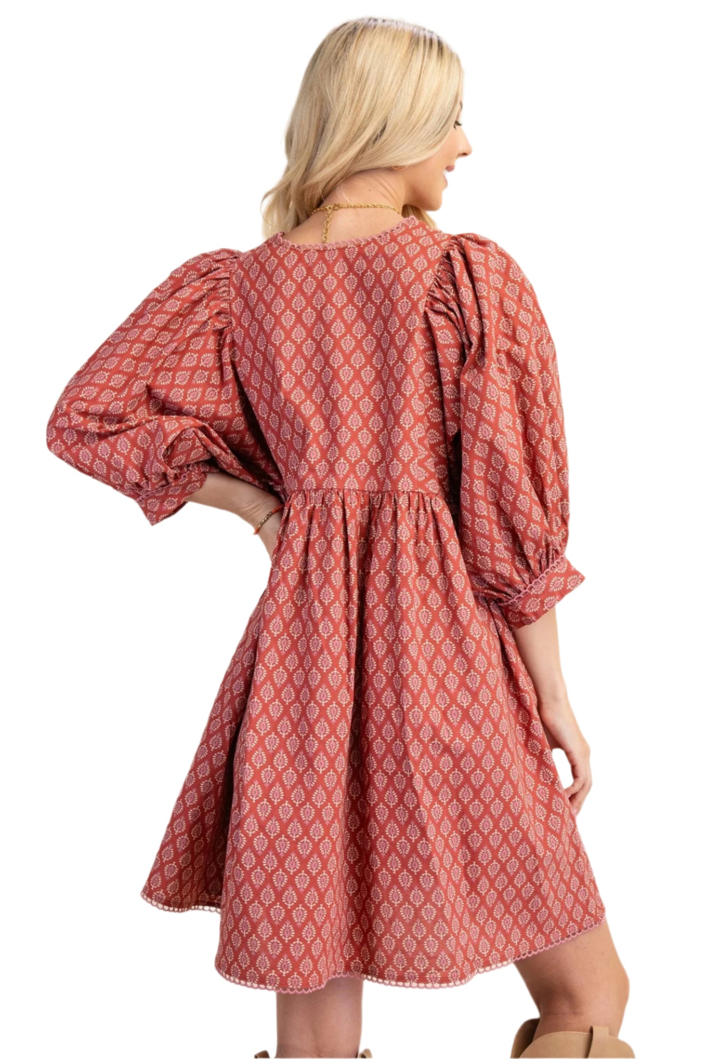 Puff Sleeve Babydoll Dress with Lace Trim- TerraCotta
