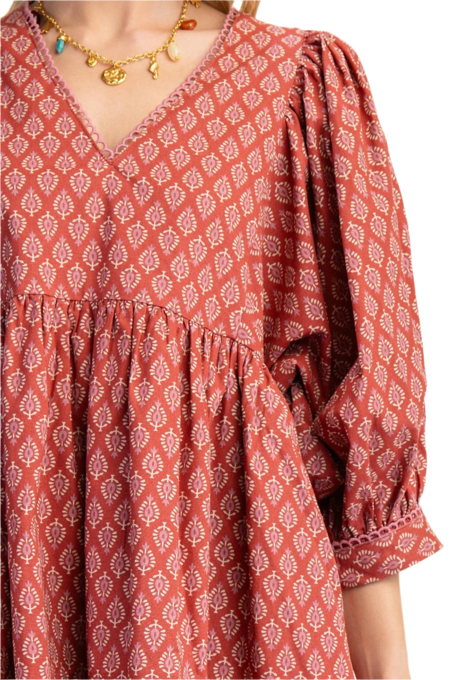Puff Sleeve Babydoll Dress with Lace Trim- TerraCotta