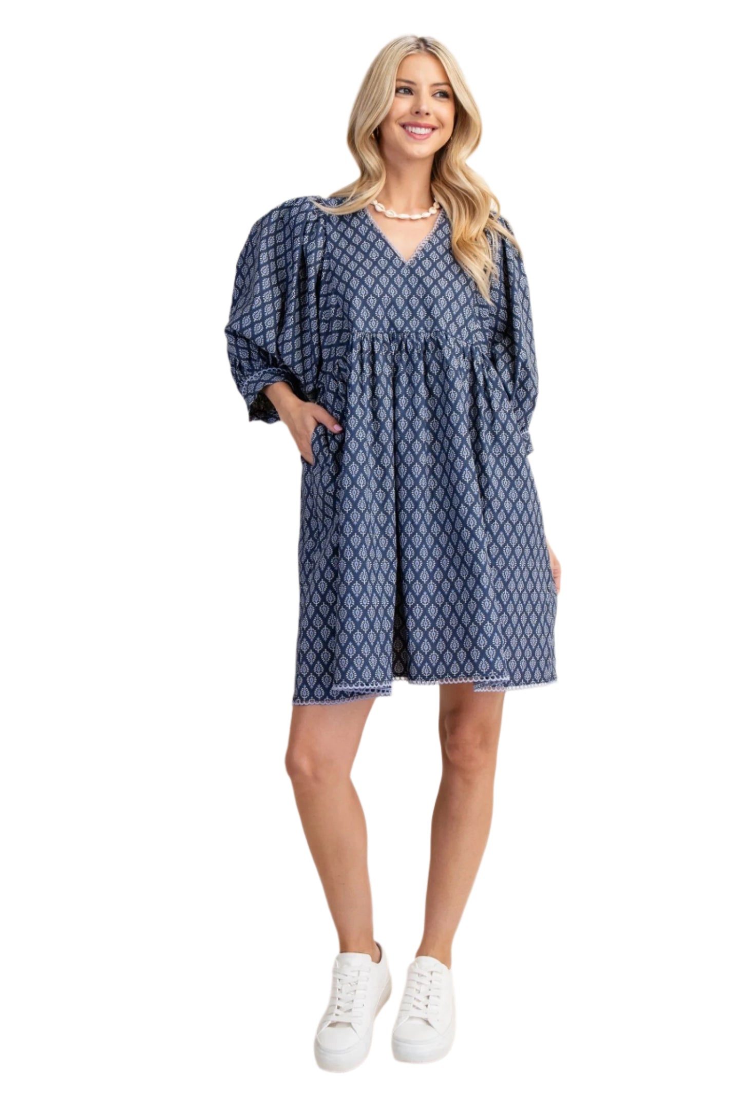 Puff Sleeve Babydoll Dress with Lace Trim- Denim Blue