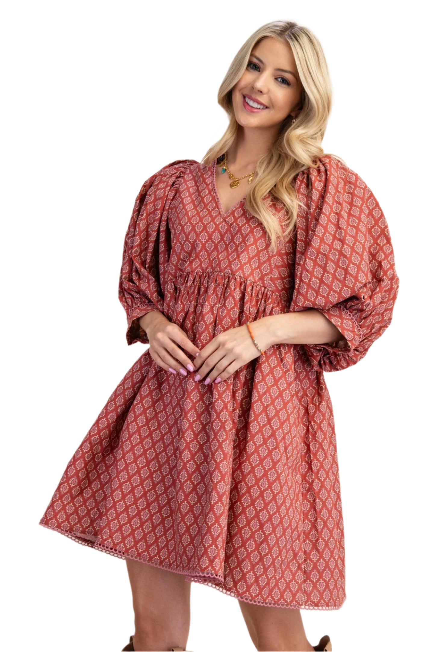 Puff Sleeve Babydoll Dress with Lace Trim- TerraCotta