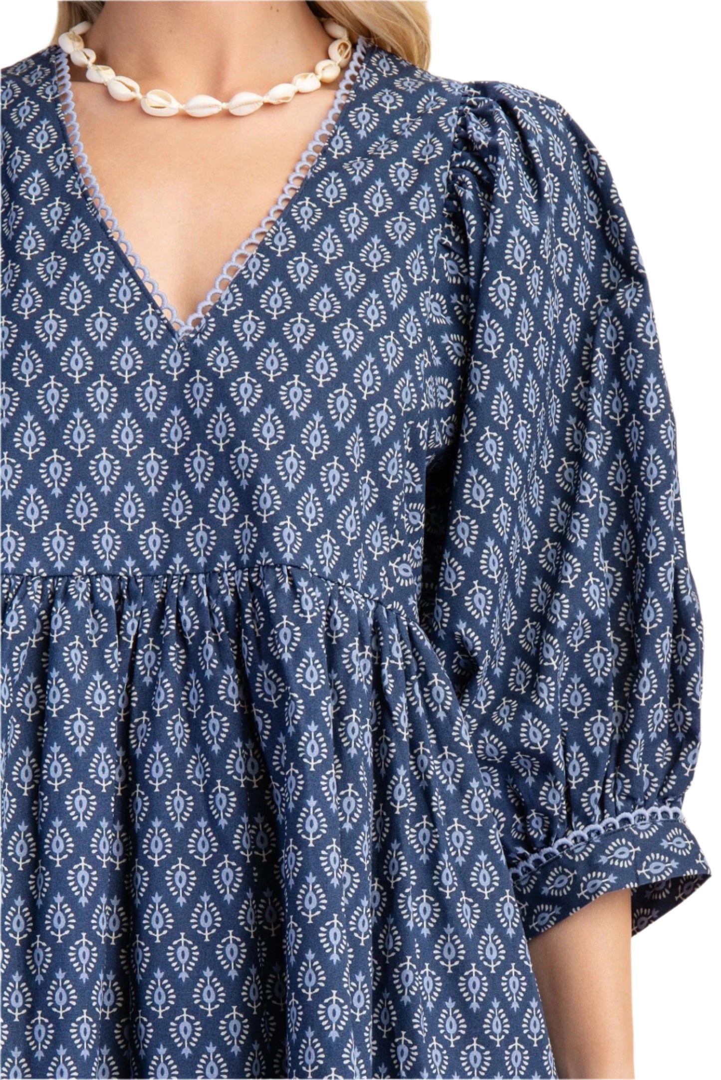 Puff Sleeve Babydoll Dress with Lace Trim- Denim Blue