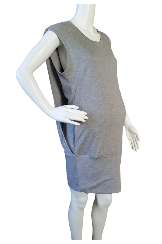 Grey Knit Sleeveless Dress with Banded Hem & Back Drape Detail – Bump Friendly
