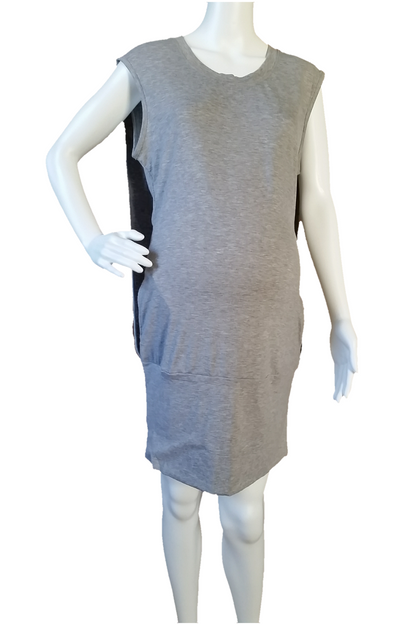 Grey Knit Sleeveless Dress with Banded Hem & Back Drape Detail – Bump Friendly