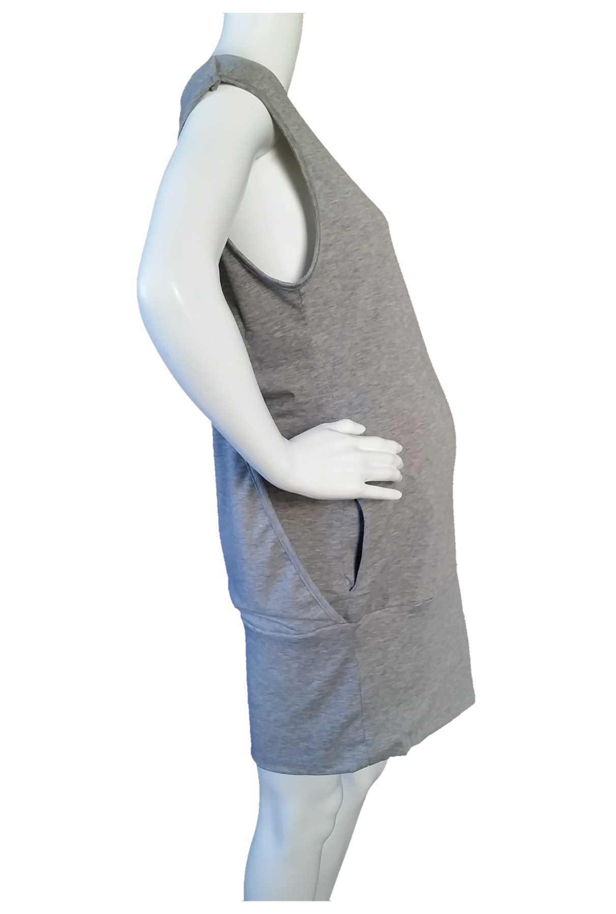Grey Knit Sleeveless Dress with Banded Hem & Back Drape Detail – Bump Friendly