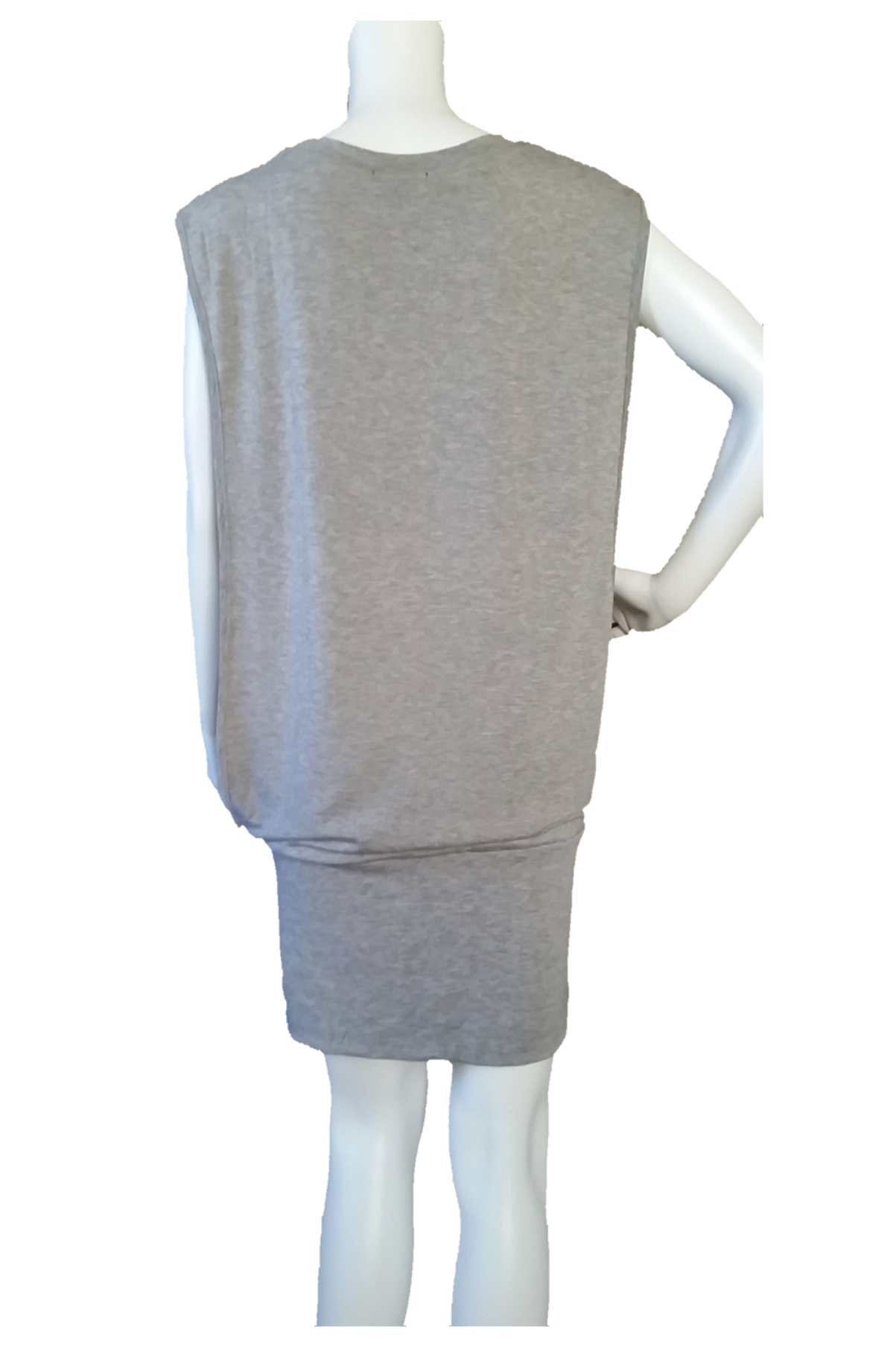 Grey Knit Sleeveless Dress with Banded Hem & Back Drape Detail – Bump Friendly